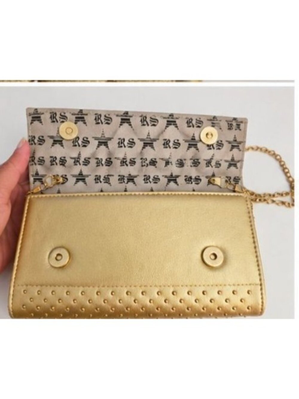 RS Gold Studded Clutch Crossbody Bag Metallic Evening Purse Chain Strap Wallet - Picture 6 of 9